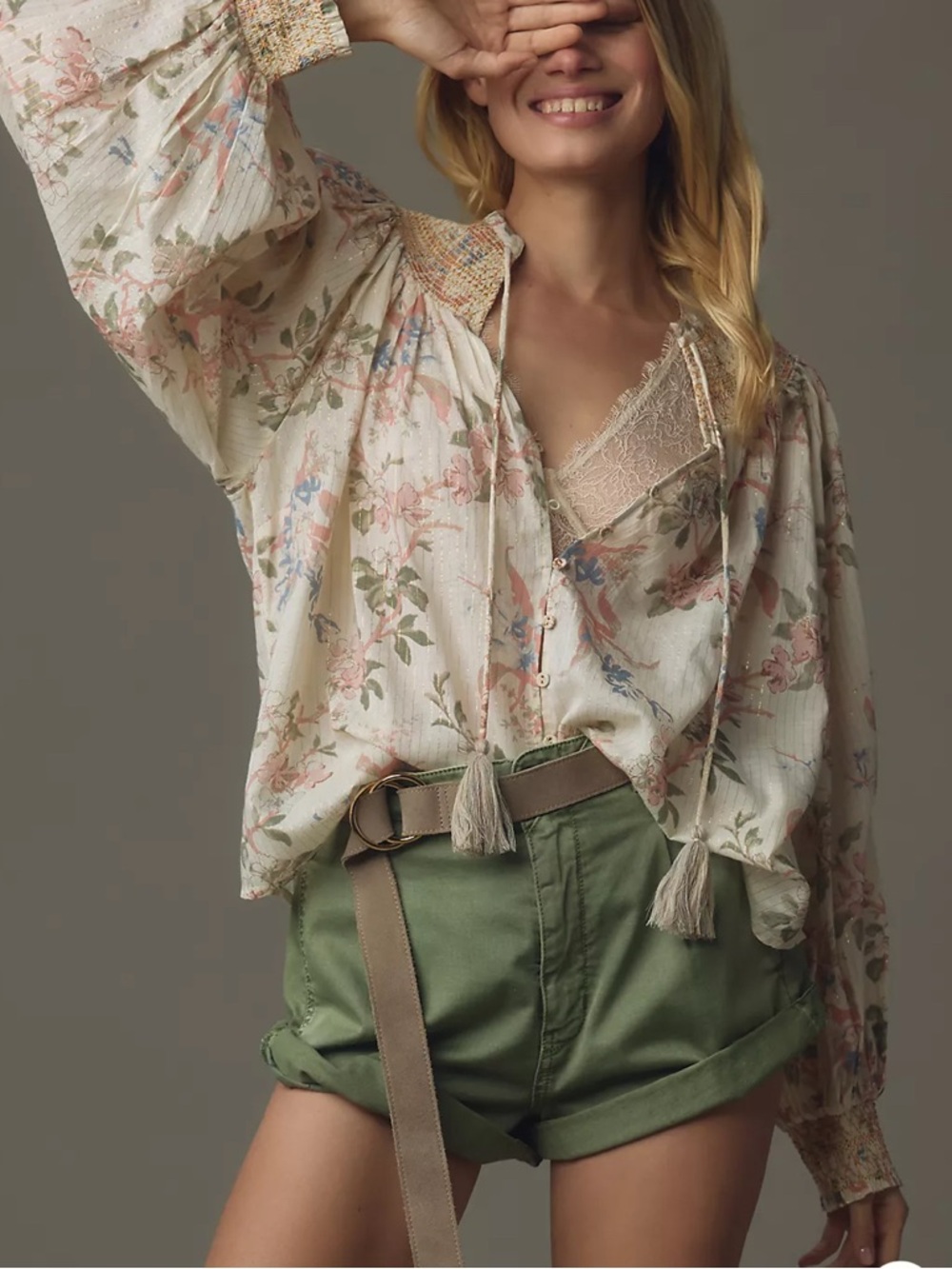 Anthropologie Cream Floral Tie-Front Peasant Blouse with Pink & Green Accents